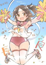 Rule 34 | 10s, 1girl, brown eyes, brown hair, buruma, cheerleader, commentary request, headband, japanese clothes, jpeg artifacts, jumping, kantai collection, miko, nagara (kancolle), open mouth, short hair, side ponytail, sodapop (iemaki), solo, thighhighs