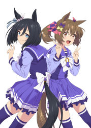 Rule 34 | 2girls, absurdres, animal ears, black hair, blue eyes, breasts, brown hair, closed mouth, double v, eishin flash (umamusume), hands up, highres, horse ears, horse girl, horse tail, looking at viewer, medium breasts, multiple girls, open mouth, purple legwear, purple shirt, purple skirt, sailor collar, school uniform, shirt, simple background, skirt, small breasts, smart falcon (umamusume), smile, tail, thighhighs, tracen school uniform, twintails, umamusume, v, white background, yellow eyes, yokkest