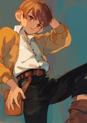 Rule 34 | 1boy, 1o8k, artist name, belt, black pants, blue background, brown bag, brown belt, brown cardigan, brown eyes, brown footwear, brown hair, cardigan, chilchuck tims, closed mouth, collared shirt, dungeon meshi, foot out of frame, hand on own head, highres, large ears, light frown, male focus, pants, shirt, solo, white shirt