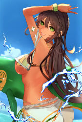 Rule 34 | 1girl, absurdres, andromeda (fate), andromeda (second ascension) (fate), ass, back, bandeau, bare shoulders, bikini, bikini under clothes, blue sky, blush, bracelet, braid, breasts, brown hair, cetus (fate), chain, cross-laced clothes, crown braid, dark-skinned female, dark skin, denim, fate/grand order, fate (series), fumiyan, green eyes, grey pants, highres, inflatable toy, jeans, jewelry, large breasts, long hair, looking at viewer, looking back, low ponytail, multicolored bikini, multicolored clothes, open mouth, pants, rainbow bikini, see-through, sidelocks, sky, smile, solo, swimsuit, thighs, v, water