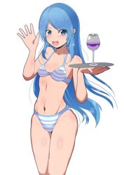Rule 34 | 1girl, absurdres, bikini, blue eyes, blue hair, breasts, commentary request, cowboy shot, cup, drinking glass, gradient hair, highres, kantai collection, long hair, looking at viewer, multicolored hair, samidare (kancolle), simple background, small breasts, smile, solo, striped bikini, striped clothes, swept bangs, swimsuit, tray, unakyu, very long hair, waving, white background, wine glass