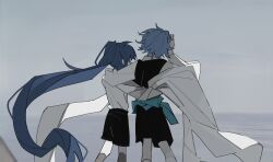 Rule 34 | 2boys, akira (male) (mahoutsukai no yakusoku), aqua jacket, arm around neck, arm around waist, black shorts, black vest, blue hair, cape, character request, check character, clothes around waist, cloud, cloudy sky, collared shirt, feet out of frame, from behind, grey socks, hand on own head, highres, jacket, jacket around waist, kneehighs, long hair, long sleeves, mahoutsukai no yakusoku, male focus, multiple boys, ocean, outdoors, over-kneehighs, oz (mahoutsukai no yakusoku), ponytail, shirt, shorts, sky, socks, thighhighs, tiankong yiji, very long hair, vest, white cape, white shirt, white sleeves, white socks, yaoi