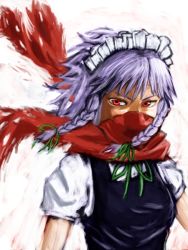 Rule 34 | 1girl, bad id, bad pixiv id, covering face, covering own mouth, covering privates, female focus, izayoi sakuya, maid, maid headdress, perfect cherry blossom, red scarf, scarf, shiro467, short hair, solo, touhou, upper body, white background