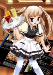Rule 34 | 1girl, :d, apron, blonde hair, blue eyes, blush, brown hair, cup, drink, drinking glass, hair bobbles, hair ornament, holding, indoors, liquid, long hair, looking at viewer, mar (artist), marneko, menu, name tag, open mouth, original, pantyhose, puffy short sleeves, puffy sleeves, short sleeves, sidelocks, smile, solo, standing, tray, two side up, vest, waitress, white pantyhose, wrist cuffs