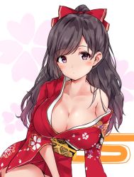 Rule 34 | 1girl, alternate costume, bare shoulders, bow, breasts, brown hair, cleavage, hair bow, highres, idolmaster, idolmaster shiny colors, japanese clothes, kimono, large breasts, long hair, looking at viewer, minikon, pink eyes, red bow, simple background, solo, swept bangs, tsukioka kogane, white background