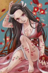 Rule 34 | 1girl, arm up, bad id, bad pixiv id, barefoot, black hair, blurry, blurry foreground, breasts, checkered sash, cleavage, fangs, fingernails, flower, gradient hair, hair ribbon, head tilt, highres, holding, holding flower, horns, japanese clothes, kamado nezuko, kimetsu no yaiba, kimono, long hair, looking at viewer, medium breasts, multicolored hair, nail polish, necocafe lili, obi, open mouth, petals, pink kimono, pink nails, print kimono, red eyes, red flower, red hair, ribbon, sash, sharp fingernails, single horn, sitting, slit pupils, solo, spoilers, very long hair, white ribbon