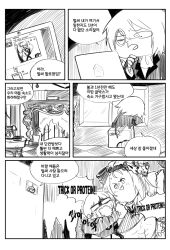 Rule 34 | 1girl, 2boys, antique phone, ascot, box, cardboard box, choke hold, clip studio paint (medium), comic, commander (girls&#039; frontline), commentary request, computer, fang, fire, fireplace, foaming at the mouth, formal, girls&#039; frontline, gloves, halloween, hand on own chin, hat, highres, indoors, korean commentary, korean text, laptop, madcore, monochrome, mp5 (nocturnal familiar) (girls&#039; frontline), multiple boys, muscular, muscular female, open mouth, outdoors, phone, pun, rotary phone, short hair, size difference, smile, social network, strangling, suit, table, the orange box, translation request, tree, trick or treat, welrod mkii (lord of shadow) (girls&#039; frontline), window