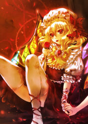 Rule 34 | 1girl, ascot, bad id, bad pixiv id, bandages, blonde hair, blood, brooch, embodiment of scarlet devil, female focus, flandre scarlet, flower, holding hands, injury, jewelry, miiru, mouth hold, petals, red eyes, red flower, red rose, rose, short hair, side ponytail, sitting, solo focus, thighhighs, thorns, touhou, white thighhighs, wings