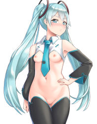 Rule 34 | 1girl, absurdres, aqua hair, bare shoulders, blue eyes, blue necktie, blush, breasts, commentary request, detached sleeves, frown, hair between eyes, hair ornament, hatsune miku, highres, long hair, long sleeves, looking at viewer, medium breasts, navel, necktie, nipples, no pussy, simple background, solo, thighhighs, twintails, very long hair, vocaloid, white background, yumoto motoyu