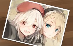 Rule 34 | 2girls, beret, blonde hair, blouse, blue eyes, blush, braid, braided bangs, commentary request, eyes visible through hair, floating hair, g36 (girls&#039; frontline), g36c (girls&#039; frontline), girls&#039; frontline, grey hair, hair over one eye, hat, imoko (imonatsuki), jacket, light particles, long hair, looking at viewer, maid, maid headdress, military, military uniform, multiple girls, open mouth, parted lips, photo (object), red eyes, shirt, side braid, smile, tareme, tsurime, uniform, white shirt