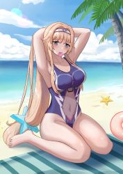 Rule 34 | 1girl, aqua eyes, armpits, arms behind head, arms up, beach, beach towel, blonde hair, blue one-piece swimsuit, blue sky, breasts, casual one-piece swimsuit, cloud, condom, condom in mouth, condom wrapper, covered navel, day, enterprise (warship girls r), hair ornament, heart, heart tattoo, large breasts, long hair, low-tied long hair, mouth hold, ocean, one-piece swimsuit, outdoors, palm tree, pubic tattoo, pubic tattoo through clothing, sidelocks, sitting, sky, solo, star (symbol), star hair ornament, stomach tattoo, swimsuit, tattoo, towel, tree, user gztx5723, very long hair, wariza, warship girls r