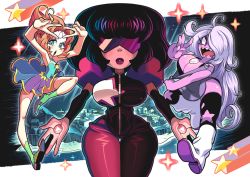 Rule 34 | 3girls, amethyst (steven universe), black hair, blue eyes, blush, boots, breasts, cleavage, colored skin, cowboy shot, double v, garnet (steven universe), gashi-gashi, gem, glowing, large breasts, light purple hair, lips, long hair, looking at viewer, multiple girls, orange hair, outstretched hand, palms, parted lips, pearl (steven universe), pink skin, purple eyes, purple hair, purple skin, red skin, see-through, sharp teeth, shoe soles, skirt, standing, steven universe, sunglasses, teeth, thick lips, thick thighs, thigh gap, thighs, v, very long hair, wide hips, zipper