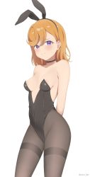 Rule 34 | 1girl, absurdres, alternate costume, animal ears, areola slip, arms behind back, bare shoulders, black choker, black leotard, black pantyhose, blush, breasts, choker, closed mouth, collarbone, coro fae, covered navel, cowboy shot, highres, leotard, long hair, love live!, love live! superstar!!, orange hair, pantyhose, playboy bunny, purple eyes, rabbit ears, shibuya kanon, shy, sideboob, simple background, small breasts, solo, strapless, strapless leotard, sweatdrop, thighband pantyhose, wavy mouth, white background