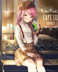Rule 34 | 1girl, absurdres, arm up, bang dream!, bench, blurry, braid, brown hat, brown shorts, cafe, commentary request, cup, depth of field, disposable cup, drinking straw, feet out of frame, flat cap, glasses, hand on lap, hat, head tilt, high collar, highres, logo, long hair, long sleeves, looking at viewer, maruyama aya, nogi momoko, open mouth, pink eyes, pink hair, plaid, plaid headwear, plaid shorts, rimless eyewear, shirt, shorts, sitting, sleeve cuffs, solo, starbucks, starbucks siren, storefront, suspender shorts, suspenders, swept bangs, twin braids, white shirt