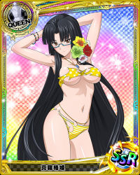 Rule 34 | 10s, 1girl, artist request, bikini, black hair, blue-framed eyewear, blue background, bracelet, breasts, brown eyes, card (medium), character name, chess piece, female focus, flower, glasses, hair flower, hair ornament, hibiscus, high school dxd, jewelry, large breasts, long hair, necklace, official art, queen (chess), shinra tsubaki, solo, swimsuit, torn bikini, torn clothes, torn swimsuit, trading card, underboob, very long hair, yellow bikini