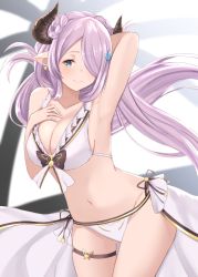 Rule 34 | 10s, 1girl, alternate costume, alternate hairstyle, arm behind head, armpits, bikini, blue eyes, breasts, cleavage, collarbone, draph, granblue fantasy, groin, hair over one eye, hand on own chest, highres, horns, large breasts, light purple hair, long hair, maosame, narmaya (granblue fantasy), narmaya (summer) (granblue fantasy), navel, pointy ears, sideboob, smile, solo, stomach, swimsuit, thigh strap, thighs, white bikini