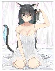 Rule 34 | 1girl, absurdres, animal ears, arm up, bare arms, bare shoulders, bed sheet, between legs, black hair, blue eyes, blush, breasts, cat ears, cat girl, cat tail, cleavage, closed mouth, collarbone, commentary request, curtains, dress, fingernails, hair between eyes, hand between legs, hand in own hair, heterochromia, highres, long hair, looking at viewer, medium breasts, mole, mole on breast, original, panties, panties around tail, sitting, sleeveless, sleeveless dress, solo, strap slip, striped clothes, striped panties, suzuharu toufu, tail, underwear, unworn panties, very long hair, wariza, white dress, yellow eyes