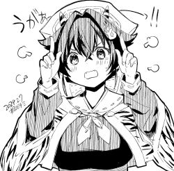 Rule 34 | 1girl, artist name, bandana, breasts, cone horns, dated, hair flaps, hair ribbon, headgear, horns, index fingers raised, jingei (kancolle), kantai collection, kirisawa juuzou, large breasts, lineart, long hair, low ponytail, monochrome, ribbon, sailor collar, shawl, solo, upper body