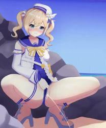 Rule 34 | 1girl, animated, barbara (genshin impact), beach, behind cover, blonde hair, blue eyes, blush, cleft of venus, clothing aside, genshin impact, oreon z, outdoors, peeing, pussy, solo, squatting, swimsuit, swimsuit aside, twintails, uncensored, video