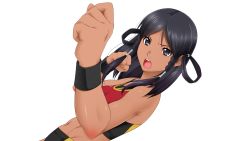 Rule 34 | 1girl, angry, bare shoulders, black eyes, black hair, braid, breasts, buruma, clenched hands, dark skin, dark-skinned female, female focus, fighting stance, game cg, gentle sasaki, kansen clipping chronicle, kiyohara lili, long hair, looking at viewer, navel, open mouth, raised eyebrows, serious, simple background, sleeveless, solo, sports bra, standing, track uniform, twin braids, white background