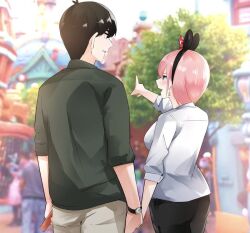 Rule 34 | 1boy, 1girl, animal ears, antenna hair, black hair, black hairband, blue eyes, blurry, blurry background, blush, breasts, commentary request, commission, couple, cowboy shot, disneyland, earrings, fake animal ears, from behind, go-toubun no hanayome, green shirt, hair between eyes, hairband, hand up, hetero, holding hands, jewelry, large breasts, long sleeves, looking afar, looking at another, mame1645, mouse ears, nakano ichika, open mouth, orange eyes, parted lips, photo background, pink hair, pointing, pointing forward, profile, second-party source, shirt, short hair, skeb commission, smile, standing, straight hair, uesugi fuutarou, watch, white shirt, wristwatch