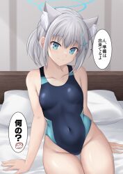 Rule 34 | 1girl, animal ear fluff, animal ears, black one-piece swimsuit, blue archive, blue eyes, breasts, commentary request, competition swimsuit, covered navel, cross (crossryou), cross hair ornament, extra ears, grey hair, hair ornament, halo, highres, looking at viewer, low ponytail, medium breasts, medium hair, mismatched pupils, multicolored clothes, multicolored swimsuit, official alternate costume, one-piece swimsuit, pillow, shiroko (blue archive), shiroko (swimsuit) (blue archive), sitting, smile, solo, swimsuit, thigh gap, wolf ears