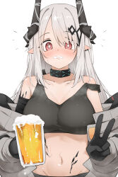 Rule 34 | 1girl, alcohol, arknights, beer, beer mug, black gloves, black horns, black sports bra, blush, breasts, collarbone, cup, gloves, grey hair, highres, holding, holding cup, horns, infection monitor (arknights), large breasts, long hair, looking at viewer, material growth, mudrock (arknights), mudrock (elite ii) (arknights), mug, navel, oripathy lesion (arknights), pointy ears, red eyes, simple background, solo, sports bra, sweat, upper body, v, white background, yuukun mk-ii