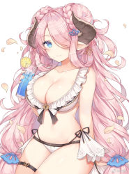 Rule 34 | 1girl, ayuanlv, bare shoulders, bikini, blue eyes, braid, braided bun, breasts, cleavage, cloud, collarbone, cup, double bun, draph, drinking glass, drinking straw, frilled bikini, frills, granblue fantasy, hair bun, hair over one eye, holding, horns, large breasts, long hair, looking at viewer, multi-strapped bikini, narmaya (granblue fantasy), narmaya (summer) (granblue fantasy), navel, petals, pink hair, pointy ears, sidelocks, simple background, solo, stomach, swimsuit, thigh strap, thighs, very long hair, white background, white bikini