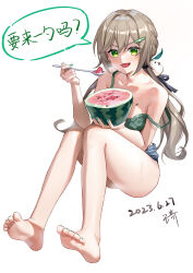 Rule 34 | 1girl, absurdres, bare legs, bare shoulders, barefoot, blue shorts, blush, bra, braid, breasts, brown hair, chinese commentary, chinese text, collarbone, commentary, dated, eating, feet, food, fruit, full body, green bra, green eyes, green nails, hair between eyes, hair ornament, hairclip, highres, honkai: star rail, honkai (series), legs, looking at viewer, medium breasts, nail polish, open mouth, qingque (honkai: star rail), shorts, signature, simple background, sitting, smile, soles, solo, spoon, strap slip, sweatdrop, toenail polish, toenails, toes, translation request, underwear, wangqi, watermelon, watermelon seeds, wet, white background