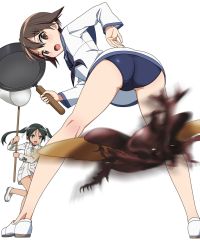 Rule 34 | 2girls, ass, beetle, blue one-piece swimsuit, brown eyes, brown hair, bug, butterfly net, dress, francesca lucchini, frying pan, green eyes, green hair, hand net, highres, insect, kaneko (novram58), looking back, military, military uniform, miyafuji yoshika, multiple girls, one-piece swimsuit, open mouth, panties, sailor dress, shiny clothes, short hair, simple background, smile, standing, strike witches, striped clothes, striped panties, swimsuit, twintails, underwear, uniform, white background, world witches series