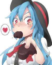 Rule 34 | 1girl, absurdres, blue hair, bow, bowtie, candy, chocolate, chocolate heart, female focus, food, hat, heart, highres, hinanawi tenshi, mouth hold, pov, red eyes, route1911, solo, spoken heart, touhou, valentine