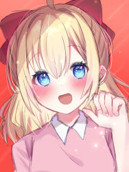 Rule 34 | 1girl, ahoge, blonde hair, blue eyes, bow, child, dress, hair bow, happy, looking at viewer, mother (game), mother 2, nintendo, nmya (pkrx4332), orange background, paula (mother 2), pink dress, short hair, short sleeves, smile, solo