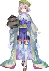 Rule 34 | 1girl, blue hair, blue skirt, braid, full body, green hat, hat, holding, holding pot, japanese clothes, light purple hair, matsushiro (oshiro project), naruse chisato, official art, oshiro project:re, pleated skirt, pot, purple eyes, short hair, skirt, solo, thighhighs, transparent background, white thighhighs
