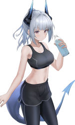 Rule 34 | 1girl, absurdres, arknights, bare arms, bare shoulders, black pants, black shorts, bottle, breasts, cleavage, commentary request, cowboy shot, crop top, dolphin shorts, grey hair, hand up, highres, holding, holding bottle, horns, large breasts, leggings, leggings under shorts, liskarm (arknights), long hair, looking at viewer, midriff, navel, pants, pantyhose, pink eyes, short shorts, shorts, simple background, solo, sports bra, standing, sthk, stomach, tail, thighs, water bottle, white background