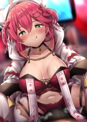 Rule 34 | 1girl, :q, ahoge, bell, blush, breasts, collarbone, crop top, green eyes, hair ornament, hairclip, heart, heart-shaped pupils, highres, hololive, hood, large breasts, licking lips, midriff, navel, neck bell, red hair, sakura miko, sakura miko (work), shiki (catbox230123), short shorts, shorts, solo focus, steaming body, sweat, symbol-shaped pupils, thigh strap, tongue, tongue out, two side up, virtual youtuber