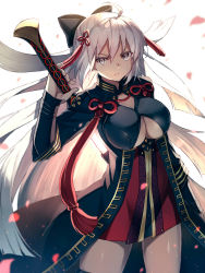 Rule 34 | 1girl, absurdres, ahoge, akami fumio, arm guards, arm up, black bow, black coat, bow, breasts, cherry blossoms, cleavage, cleavage cutout, closed mouth, clothing cutout, coat, cowboy shot, dark-skinned female, dark skin, dress, fate (series), floating hair, grey eyes, hair between eyes, hair bow, hair ornament, half updo, high collar, highres, holding, holding sword, holding weapon, koha-ace, large breasts, legs apart, long hair, long sleeves, looking at viewer, motion blur, okita souji (fate), okita souji alter (fate), petals, red dress, scabbard, serious, sheath, short dress, sidelocks, silver hair, solo, standing, straight hair, sword, tassel, unsheathing, very long hair, weapon, white background