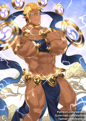 Rule 34 | 1boy, abs, armlet, bara, bare pectorals, blonde hair, brown hair, bulge, cloud, crossed arms, dark-skinned male, dark skin, facial hair, feet out of frame, floating, floating object, goatee, gumroad username, gyee, jewelry, kienbiu, large pectorals, long sideburns, male focus, mature male, muscular, muscular male, navel, necklace, nipples, orange eyes, orange hair, paid reward available, patreon username, pectorals, pelvic curtain, pointy ears, raikoh (paradiso guardian), revealing clothes, see-through, short hair, sideburns, solo, sparkle, stomach, thighs, twitter username