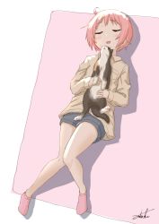 Rule 34 | 1girl, :d, animal, ankle socks, black shorts, blush, brown shirt, cat, closed eyes, collared shirt, commentary request, full body, long sleeves, lying, nonohara yuzuko, on back, open mouth, pink background, pink hair, pink socks, shadow, shirt, short shorts, shorts, signature, sleeves past wrists, smile, socks, solo, two-tone background, umiroku, white background, yuyushiki