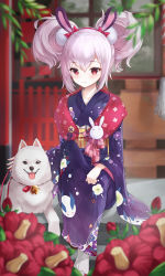 Rule 34 | 1girl, absurdres, animal, animal ears, azur lane, bell, blurry, blurry background, blurry foreground, blush, bow, closed mouth, commentary request, depth of field, dog, floral print, flower, greyscale, hair between eyes, hair ornament, hairband, highres, japanese clothes, jingle bell, kimono, knee up, laffey (azur lane), laffey (snow rabbit and candy apple) (azur lane), long sleeves, looking at viewer, monochrome, obi, print kimono, purple kimono, rabbit ears, red bow, red eyes, red flower, red hairband, sash, sidelocks, sitting, smile, socks, solo, stairs, stone stairs, wakum, white socks