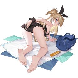 Rule 34 | 1girl, all fours, animal ear hairband, animal ears, ass, bare legs, barefoot, beach towel, bikini, black bikini, black hairband, black scrunchie, blonde hair, blue bag, blue eyes, blush, breasts, covering ass, covering privates, fake animal ears, feet, frilled bikini, frills, from behind, full body, girls&#039; frontline, haijin, hairband, highres, long hair, looking at viewer, looking back, lotion, official alternate costume, official art, parted lips, rabbit ear hairband, rabbit ears, scrunchie, sideboob, simple background, small breasts, soles, solo, sunscreen, super-shorty (girls&#039; frontline), super-shorty (little midnight angelfish) (girls&#039; frontline), swimsuit, third-party source, toes, torn clothes, towel, transparent background, two side up, very long hair, weapon bag, wet, wrist scrunchie