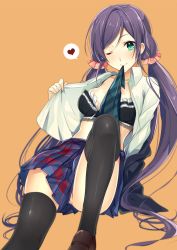 Rule 34 | 10s, 1girl, ;), aqua eyes, bad id, bad pixiv id, black bra, black thighhighs, blush, bra, breasts, dress shirt, frills, heart, knee up, loafers, long hair, looking at viewer, love live!, love live! school idol project, medium breasts, mouth hold, okia, one eye closed, open clothes, open shirt, orange background, pleated skirt, purple hair, school uniform, shirt, shoes, sitting, skirt, smile, solo, spoken heart, thighhighs, tojo nozomi, twintails, underwear