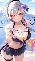 Rule 34 | 1girl, absurdres, alternate color, alternate hairstyle, beach, bikini, black bikini, black skirt, blue sky, blush, breasts, cleavage, cloud, collarbone, commentary request, corrin (female) (fire emblem), corrin (female) (summer) (fire emblem), corrin (fire emblem), day, fingernails, fire emblem, fire emblem fates, fire emblem heroes, flower, flower necklace, frilled skirt, frills, hair between eyes, hair flower, hair ornament, highres, holding, holding spoon, jewelry, large breasts, long hair, looking at viewer, navel, necklace, nintendo, norimaki (nrmk norinori), ocean, official alternate costume, outdoors, pink flower, pink nails, ponytail, purple flower, red eyes, sand, skirt, sky, smile, solo, spoon, stomach, swimsuit, water, white hair