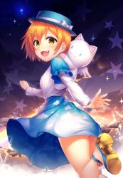 Rule 34 | 1girl, :3, :d, ankle strap, bad id, bad pixiv id, blue hat, blue skirt, bow, cat, clenched hand, cloud, cloud print, cloudy sky, fang, frilled skirt, frills, from behind, hat, hat bow, highres, hoshizora rin, kokkeina budou, kyouou ena, layered sleeves, long sleeves, looking back, love live!, love live! school idol festival, love live! school idol project, open mouth, orange hair, outdoors, panties, pom pom (clothes), rainbow, running, short hair, short over long sleeves, short sleeves, skirt, sky, smile, solo, sparkle, star (sky), star (symbol), sunset, underwear, white bow, white panties, wing hair ornament, wings, yellow eyes