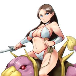 Rule 34 | 1girl, bare shoulders, bikini, blue eyes, blush, breasts, brown hair, cleavage, covered erect nipples, cowboy shot, earrings, female focus, from side, golden axe, grey hair, groin, halterneck, highres, holding, holding sword, holding weapon, jewelry, large breasts, looking at viewer, misonou hirokichi, monster, mount, navel, outstretched arm, parted lips, pouch, riding, saddle, sagging breasts, sega, simple background, solo, string bikini, swimsuit, sword, thighs, tyris flare, vambraces, weapon, white background, white bikini