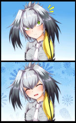 Rule 34 | 10s, 1girl, ^ ^, bird wings, black gloves, black hair, blush, breasts, closed eyes, collared shirt, comic, commentary request, feathered wings, g (genesis1556), gloves, green eyes, grey hair, grey shirt, head wings, highres, kemono friends, long hair, looking at viewer, low ponytail, medium breasts, multicolored hair, necktie, open mouth, shirt, shoebill (kemono friends), short sleeves, side ponytail, smile, solo, tsurime, white necktie, wings