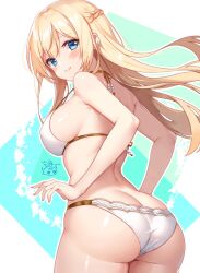 Rule 34 | 1girl, alice gear aegis, ass, back, bikini, blonde hair, blue eyes, blush, braid, breasts, butt crack, closed mouth, commentary request, covered erect nipples, from behind, gold trim, highres, kakerayuri, large breasts, long hair, looking at viewer, looking back, merabuchi kanami, sideboob, signature, skindentation, smile, solo, swimsuit, white bikini