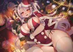 Rule 34 | 1girl, alternate costume, azur lane, black gloves, black panties, bottle, breasts, cameltoe, candle, cape, christmas tree, commentary, cross, dress, fur-trimmed gloves, fur trim, gloves, hair between eyes, hat, highres, holding, holding bottle, iron cross, large breasts, long hair, looking at viewer, maitei roppa, multicolored hair, open mouth, panties, parted bangs, prinz eugen (azur lane), red cape, red dress, red eyes, red hat, santa hat, side-tie panties, skindentation, solo, streaked hair, swept bangs, thick thighs, thighhighs, thighs, underwear, very long hair, white hair, wide hips