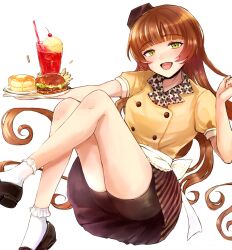 Rule 34 | 1girl, alternate costume, apron, bike shorts under skirt, black footwear, black hat, blunt bangs, blush, brown hair, burger, cup, drinking straw, food, french fries, green eyes, hagioshi, hat, helena (kancolle), highres, kantai collection, long hair, looking at viewer, open mouth, pancake, shirt, shoes, short sleeves, simple background, skirt, socks, solo, striped clothes, striped skirt, very long hair, waist apron, waitress, white background, white shirt, white socks, yellow shirt