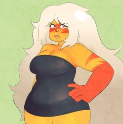 Rule 34 | 1girl, blush, breasts, cartoon network, cleavage, colored skin, dress, facial mark, hand on own hip, jasper (steven universe), lips, looking at viewer, orange skin, simple background, solo, steven universe, thick lips, thick thighs, thighs, white hair, wide hips
