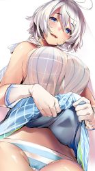 Rule 34 | .live, 1girl, bad id, bad twitter id, bare shoulders, blue eyes, blush, breasts, clothes lift, gloves, highres, large breasts, looking at viewer, marushin (denwa0214), open mouth, panties, short hair, sideboob, silver hair, dennou shoujo siro, skirt, skirt lift, smile, solo, striped clothes, striped panties, underwear, virtual youtuber